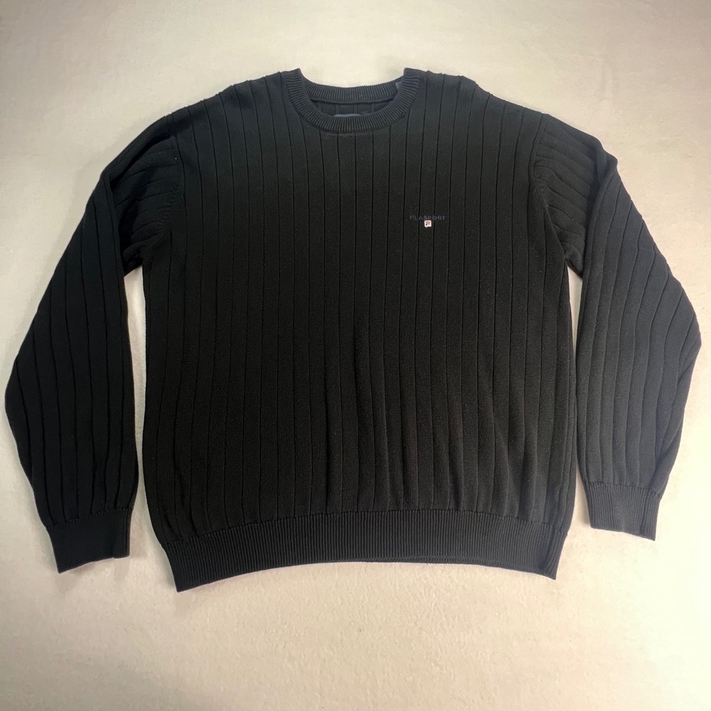VTG Fila Sport Mens Black Ribbed Crewneck Sweater Long Sleeve XL Cotton Blend‎